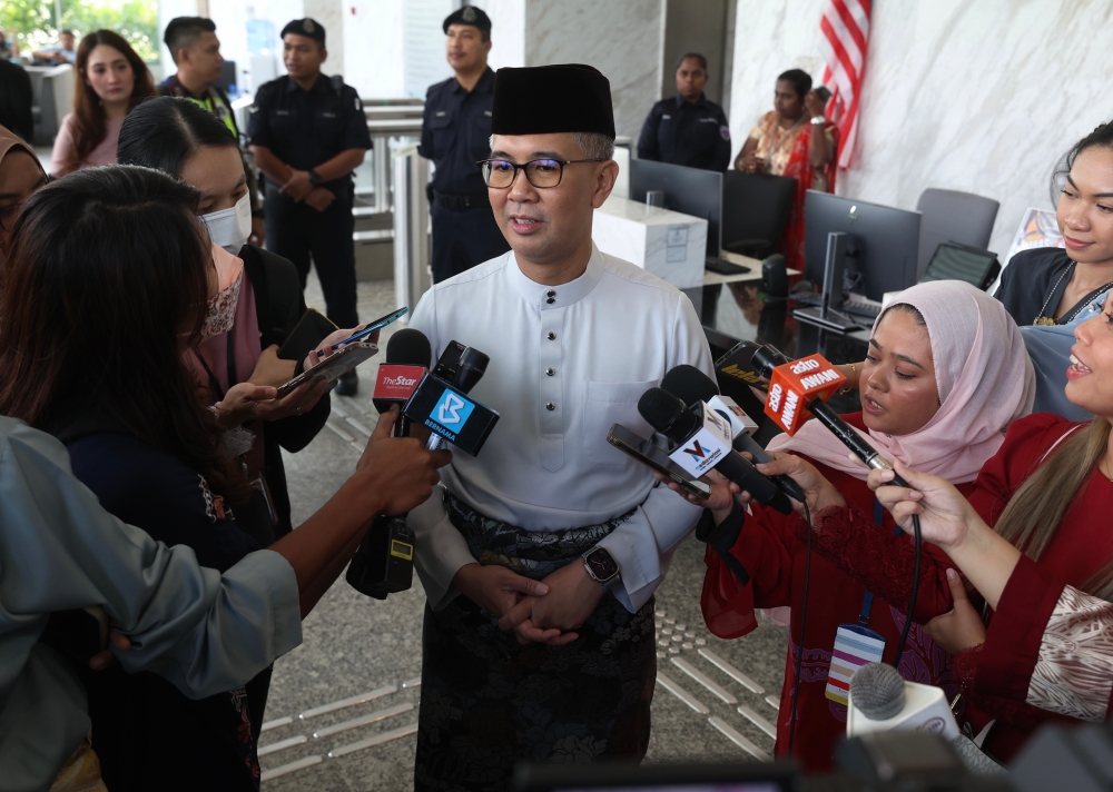 Investment, Trade and Industry Minister Datuk Seri Tengku Zafrul Abdul Aziz speaks to reporters in Kuala Lumpur May 16, 2023. — Bernama pic