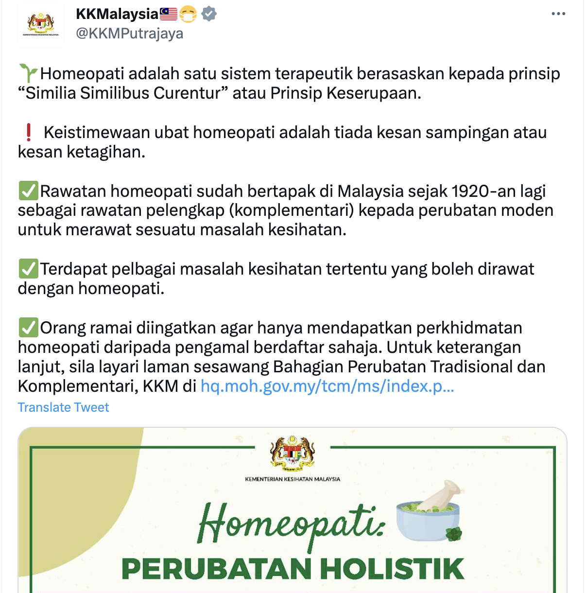 The Health Ministry's glowing endorsement of homeopathy did not sit well with many Malaysians who voiced their displeasure online. — Screenshot via Twitter/KKMPutrajaya
