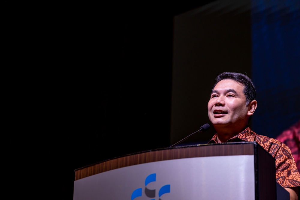 Economy Minister Rafizi Ramli delivers his keynote speech at the National Economic Forum 2023 in Kuala Lumpur May 18, 2023. — Picture by Firdaus Latif