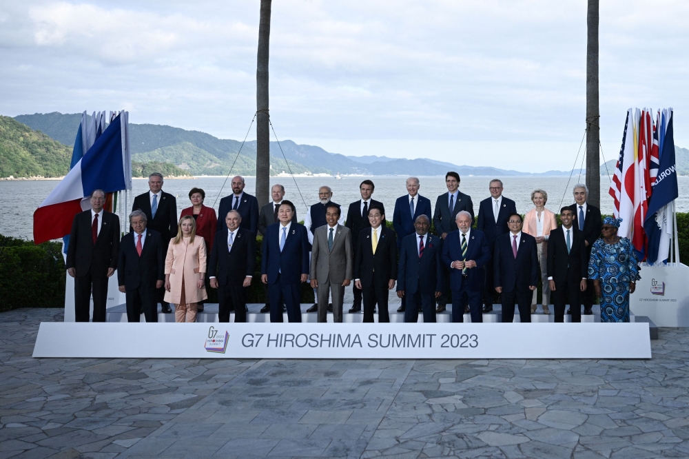 World leaders from G7 and invited countries pose for a family photo of leaders of the G7 and invited countries during the G7 Leaders’ Summit in Hiroshima on May 20, 2023. ― Reuters pic