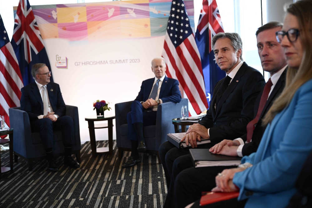 US Secretary of State Antony Blinken (3rd right) and US National Security Advisor Jake Sullivan (2nd right) attend a bilateral meeting with US President Joe Biden and Australia’s Prime Minister Anthony Albanese as part of the G7 Leaders’ Summit in Hiroshima on May 20, 2023. ― AFP pic