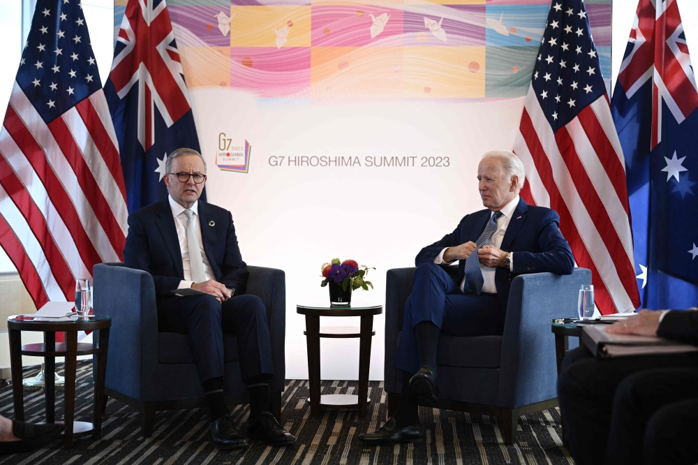 US President Joe Biden (right) speaks with Australia’s Prime Minister Anthony Albanese during a bilateral meeting as part of the G7 Leaders; Summit in Hiroshima on May 20, 2023. ― AFP pic