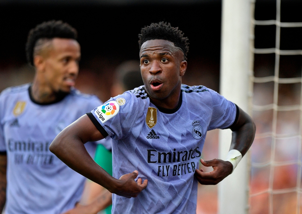 Real Madrid's Vinicius Junior gestures during the match against Valencia at the Mestalla stadium in Valencia May 21, 2023. — Bernama pic