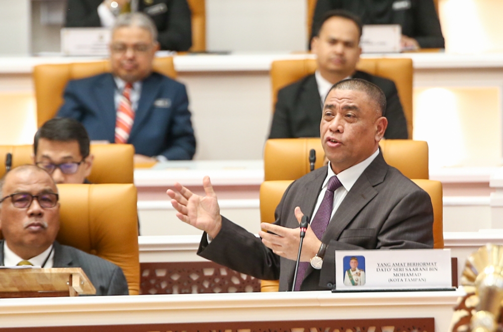 Perak Menteri Besar Datuk Seri Saarani Mohamad delivers his speech at the state assembly at the Perak Darul Ridzuan Building in Ipoh May 22, 2023. — Picture by Farhan Najib