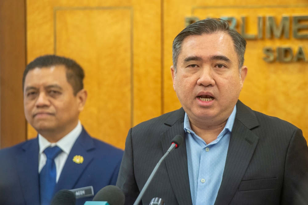 Transport Minister Anthony Loke speaks to the media during a press conference at the Parliament building in Kuala Lumpur May 22, 2023. — Picture by Shafwan Zaidon