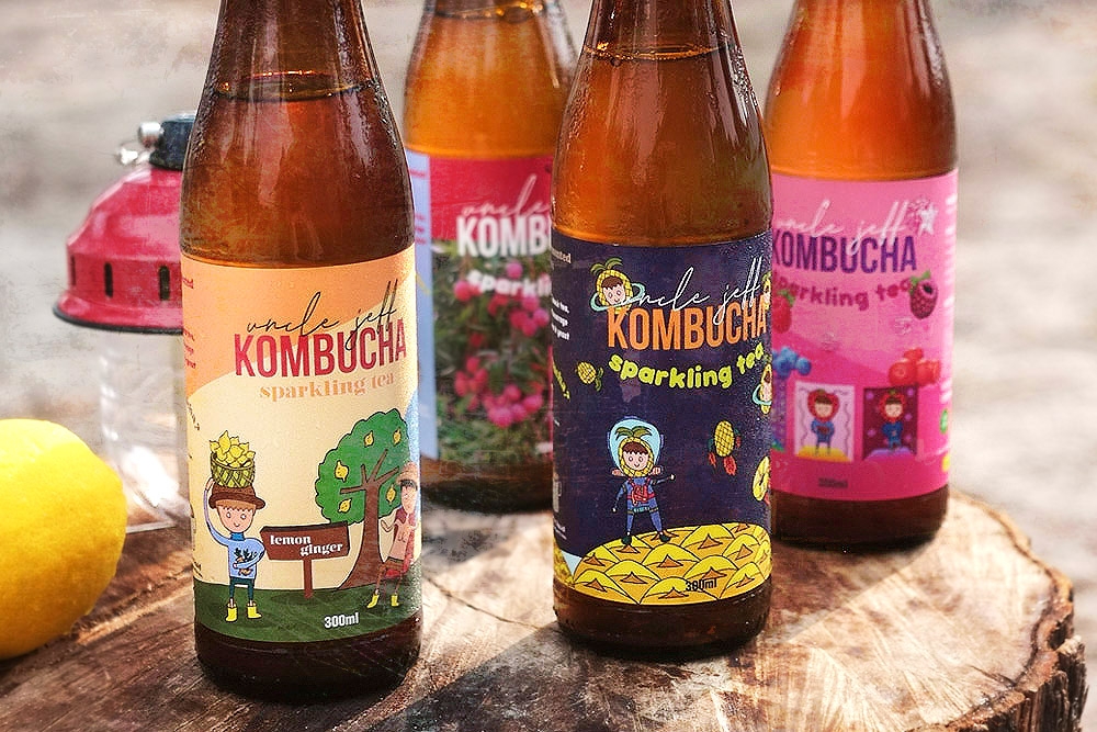 Different flavours of kombuchas by Uncle Jeff Drinks.