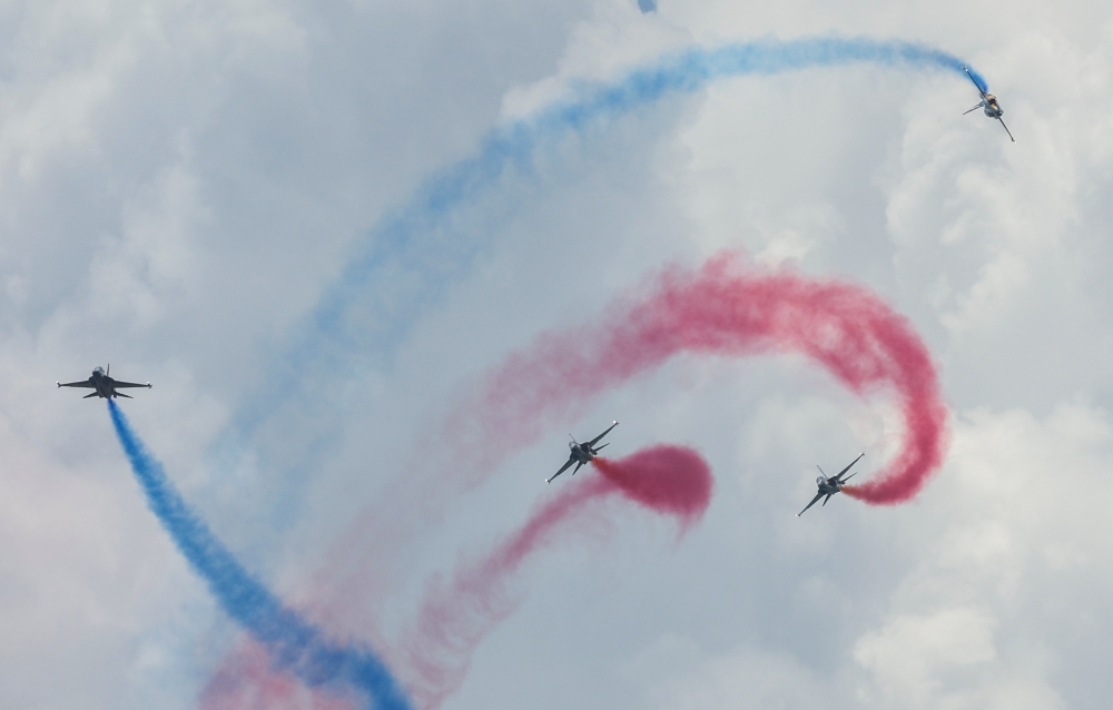 An aerial performance by South Korea's KAI T-50B Black Eagles is seen during the opening ceremony of the Langkawi International Maritime and Aerospace Exhibition (Lima'23) in Langkawi May 23, 2023. — Bernama pic