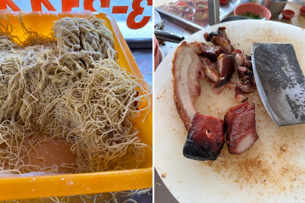 Choose between thin or thick noodles for your order (left). The roast meats are chopped as and when orders come in (right).