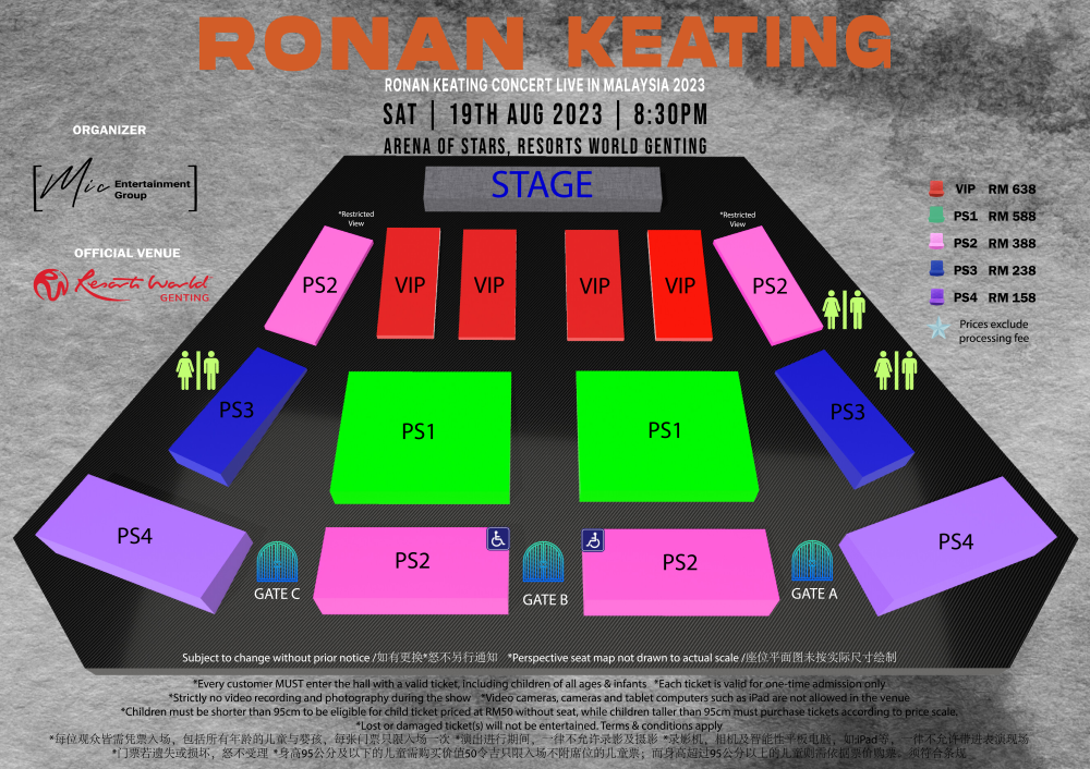 The seating plan and ticketing prices for the upcoming ‘Ronan Keating Concert Live in Malaysia 2023’. — Picture courtesy of MIC Entertainment Group