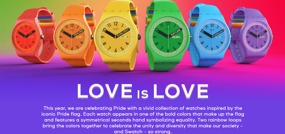 Swatch celebrating diversity with watch models in the full range of the Pride colours. — Screengrab from Swatch Malaysia's website