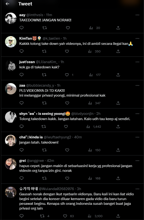 Screenshot of the Indonesian BTS Army pressuring a twitter user to take down the video of Suga's arrival at the Soekarno-Hatta International Airport. — Screenshot via Twitter/Olivjin