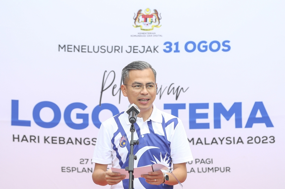 Communications and Digital Minister Fahmi Fadzil speaks during the launch of the logo and theme for 2023’s National Day and Malaysia Day in Kuala Lumpur May 27, 2023. — Picture by Yusof Mat Isa