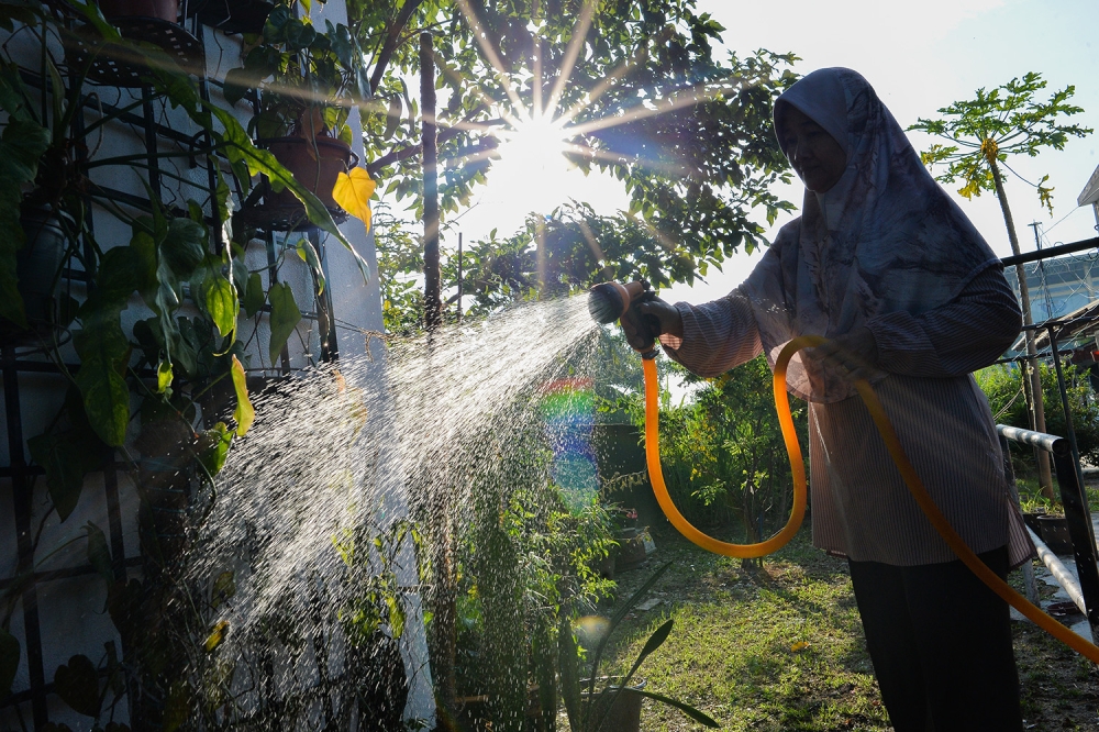A housewive, Mizaha, waters plants outside the house during the prolonged hot weather in Shah Alam May 25,2023. — Picture by Miera Zulyana