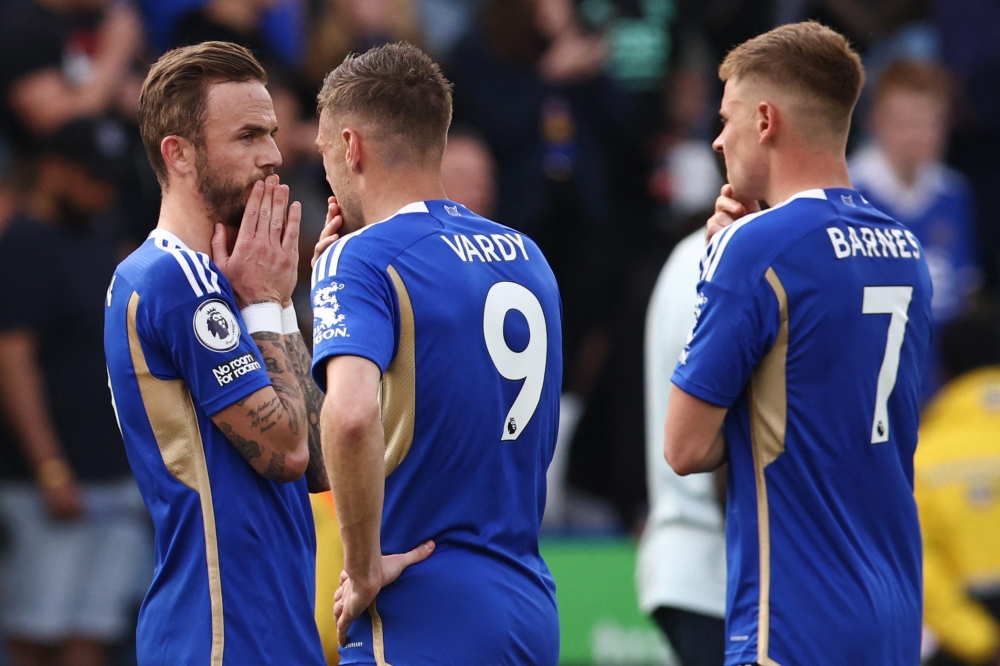 (from left) Leicester City's James Maddison, Jamie Vardy and Harvey Barnes react at the end of the English Premier League football match between Leicester City and West Ham United at King Power Stadium in Leicester on May 28, 2023. — AFP pic
