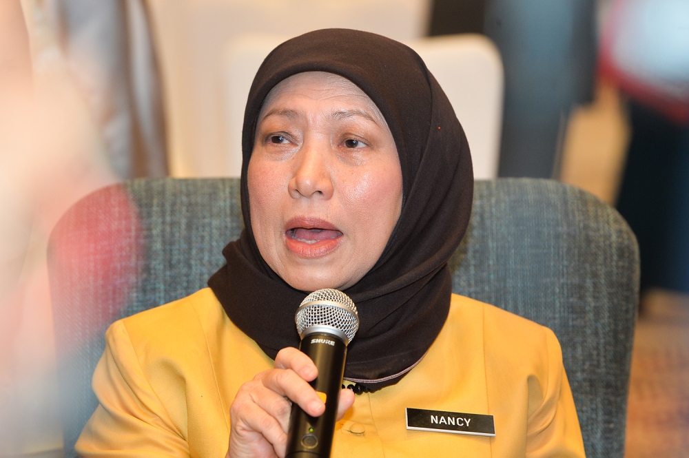 Woman, Family and Community Development Minister Nancy Shukri gives a speech during the launch of the Anti-Sexual Harassment advocacy programme roadshow in Putrajaya May 29, 2023. — Picture by Miera Zulyana