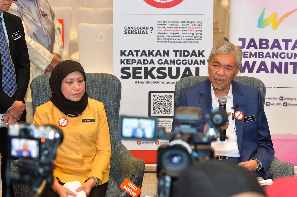 Deputy prime minister Datuk Seri Zahid Hamidi and Woman, Family and Community Development Minister Nancy Shukri attend the launch of the Anti-Sexual Harassment advocacy programme roadshow in Putrajaya May 29, 2023. — Picture by Miera Zulyana