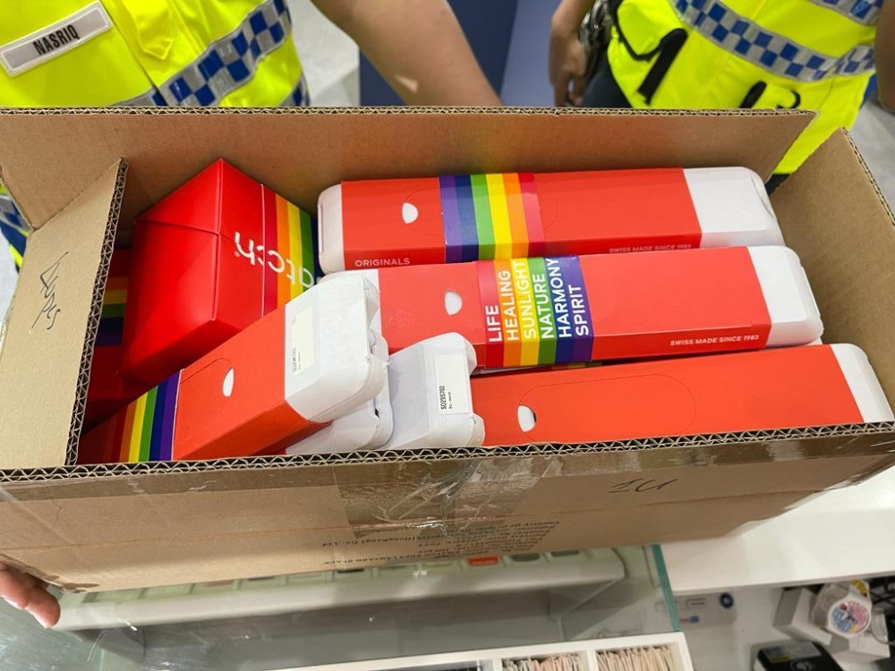 On May 22, Home Ministry enforcers seized 172 Swatch watches from outlets in 11 shopping malls over three days this month, with the watches mostly including the six-stripe Pride Flag in their designs. — Picture courtesy of Swatch