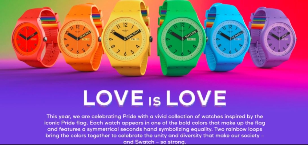 The colours of the line of Swatch watches appear to feature the rainbow colours matching the Pride flag. — Screengrab from Swatch website