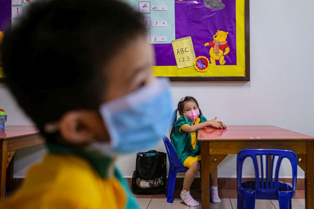 File picture of preschoolers at a kindergarten in Cheras July 1, 2020. As of 2022, only half of the 22,000 over preschool teachers in Malaysia have obtained a Diploma in early childhood care and education (ECCE), the World Bank noted, with close to some 73 per cent of them being private sector preschool teachers.— Picture by Hari Anggara