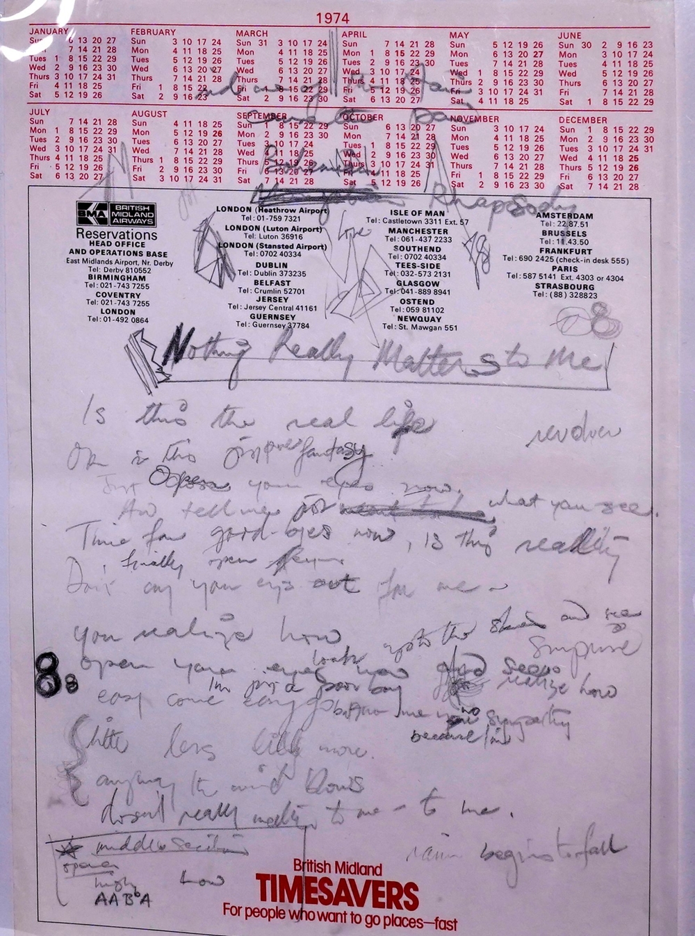 A manuscript of working lyrics for 'Bohemian Rhapsody', autographed by British singer-songwriter Freddie Mercury, is displayed during the media preview for 