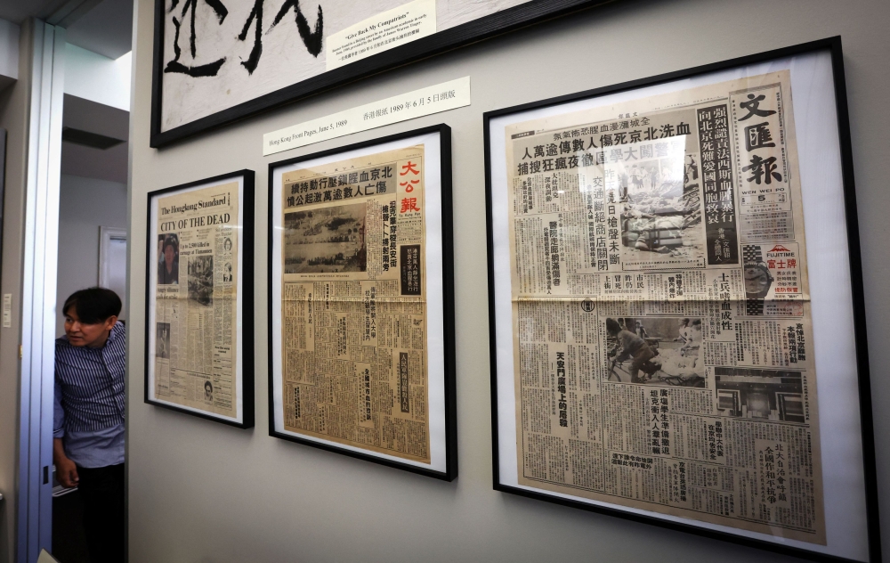Hong Kong newspapers from June 5, 1989, reporting the Tiananmen Square China uprising, are pictured during a press preview of the Tiananmen June 4th Memorial permanent exhibition which opens June 2 in Manhattan, in New York City June 1, 2023. — Reuters pic