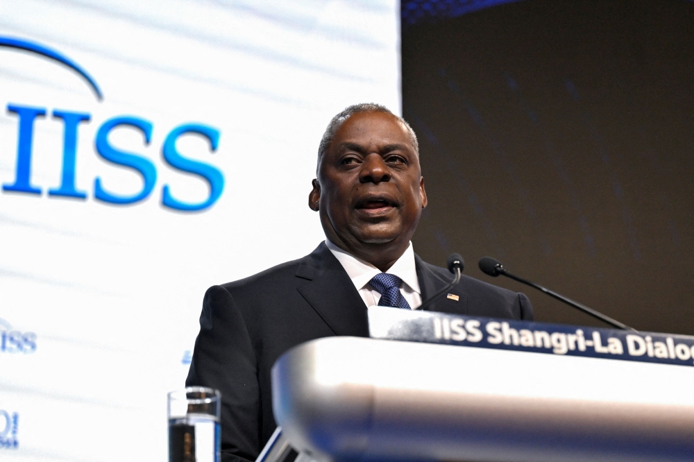 US Secretary of Defence Lloyd Austin speaks at the First Plenary Session of the 20th IISS Shangri-La Dialogue in Singapore June 3, 2023. — Reuters pic