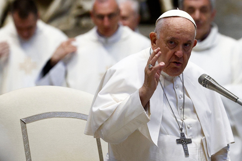 Pope Francis speaks during a meeting with pilgrims in St. Peter’s Basilica, at the Vatican, June 3, 2023. — Reuters pic