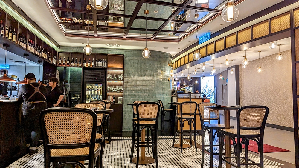 A view of the dining area inside. where it has that mid-century look to it.