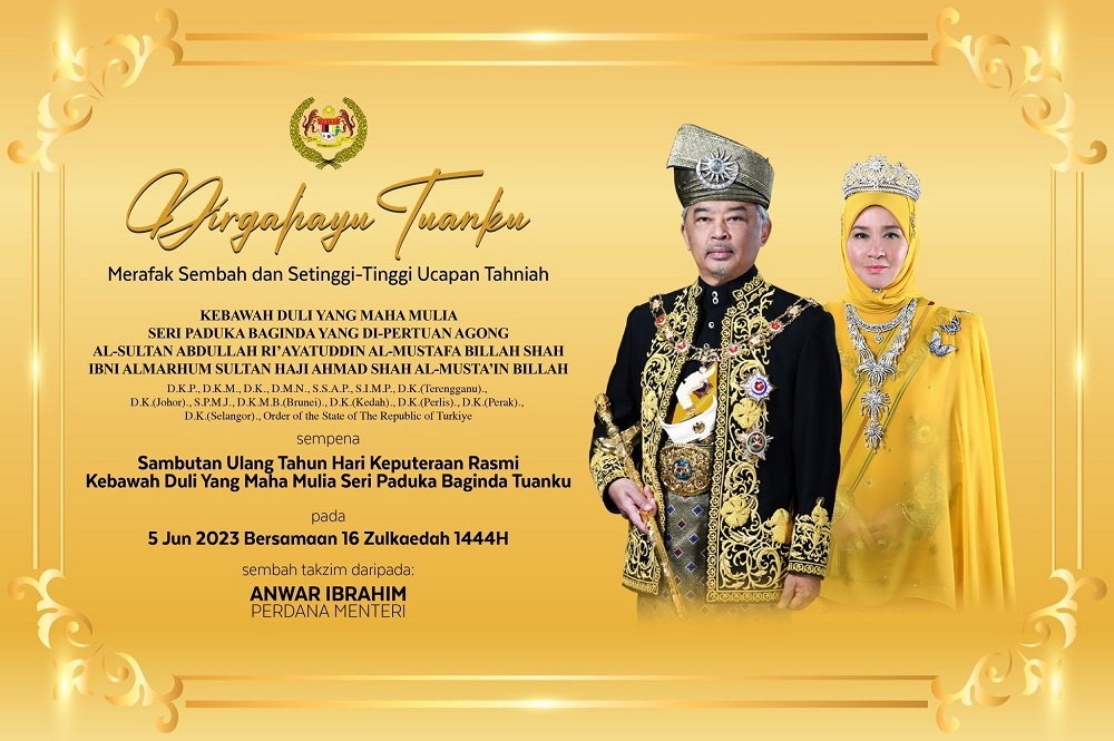 Prime Minister Datuk Seri Anwar Ibrahim has congratulated the Yang di-Pertuan Agong Al-Sultan Abdullah Ri’ayatuddin Al-Mustafa Billah Shah in conjunction with the celebration of His Majesty’s official birthday tomorrow. — Picture via Facebook/Anwar Ibrahim