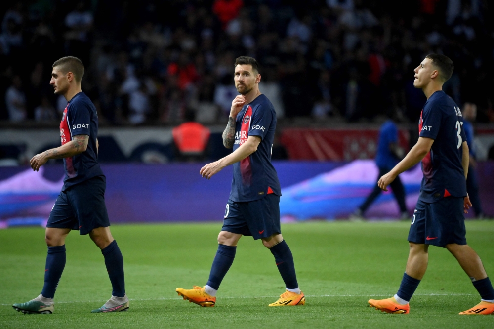 Paris Saint-Germain's Argentine forward Lionel Messi (centre) reacts at the end of the French L1 football match between Paris Saint-Germain (PSG) and Clermont Foot 63 at the Parc des Princes Stadium in Paris June 3, 2023. — AFP pic
