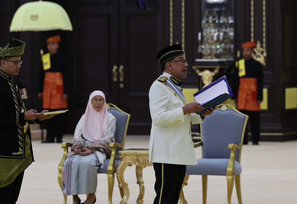Prime minister Datuk Seri Anwar Ibrahim said government will definitely uphold the royal institution by ensuring appropriate action will be taken against any parties that tries to threaten the system and the supremacy of the Constitution. —  Bernama pic