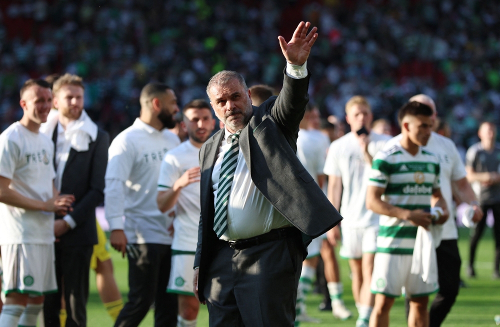 Celtic manager Ange Postecoglou acknowledges fans after winning the Scottish Cup at Hampden Park, Glasgow, Scotland, Britain, June 3, 2023. — Action Images via Reuters