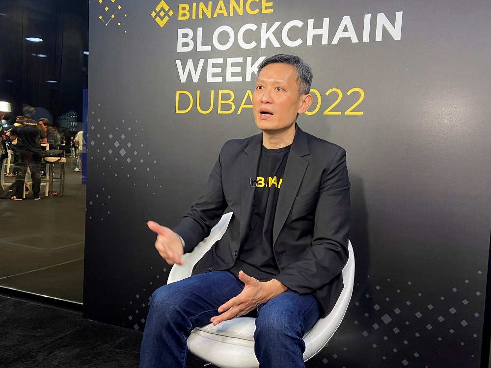 Binance head of the Middle East and North Africa Richard Teng gestures as he speaks during an interview with Reuters in Dubai March 30, 2022. — Reuters pic