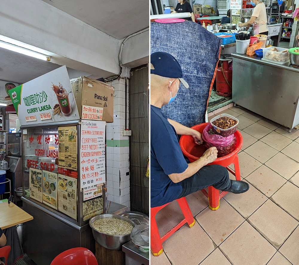 A very helpful cardboard and newspaper collection (left). The secret ingredient right here: juicy, sumptuous freshly shucked cockles (right).