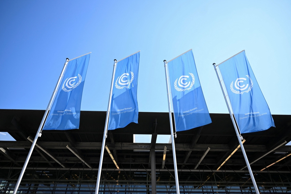 A view of the United Nations Climate Change Conference flags at the venue, in Bonn June 6, 2023. — Reuters pic