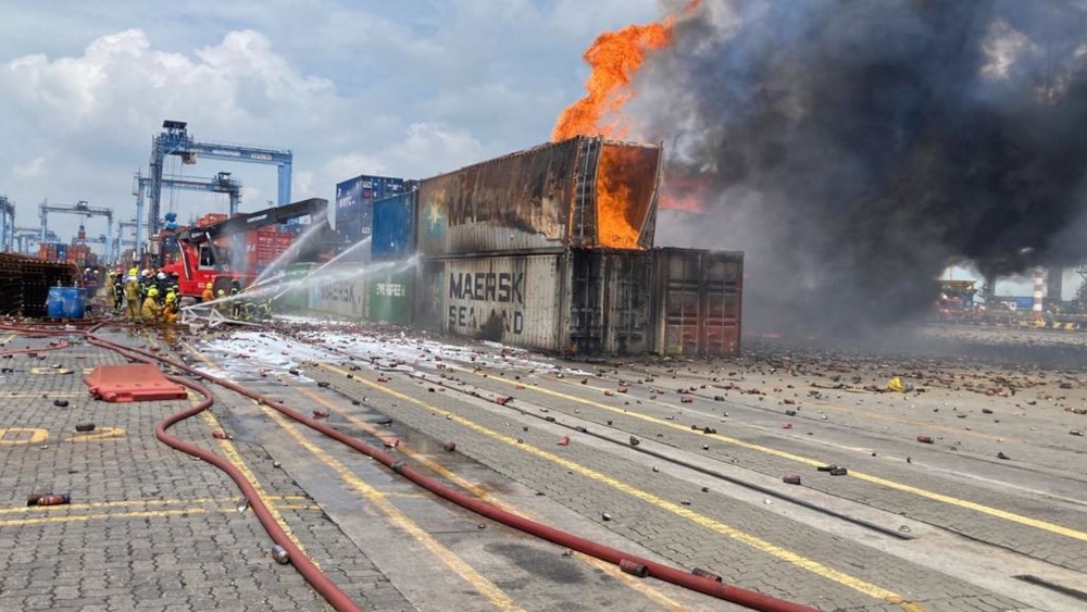 Firefighters putting out the fire at the container area of Northport (Malaysia) Bhd near Jalan Pelabuhan Utara, Port Klang, June 7, 2023. — Picture from Twitter/Bernama 