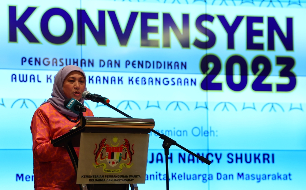 Women, Family and Community Development Minister Datuk Seri Nancy Shukri delivers a speech at the opening the 2023 National Congress on Childcare and Early Education in Putrajaya June 9, 2023. — Bernama pic