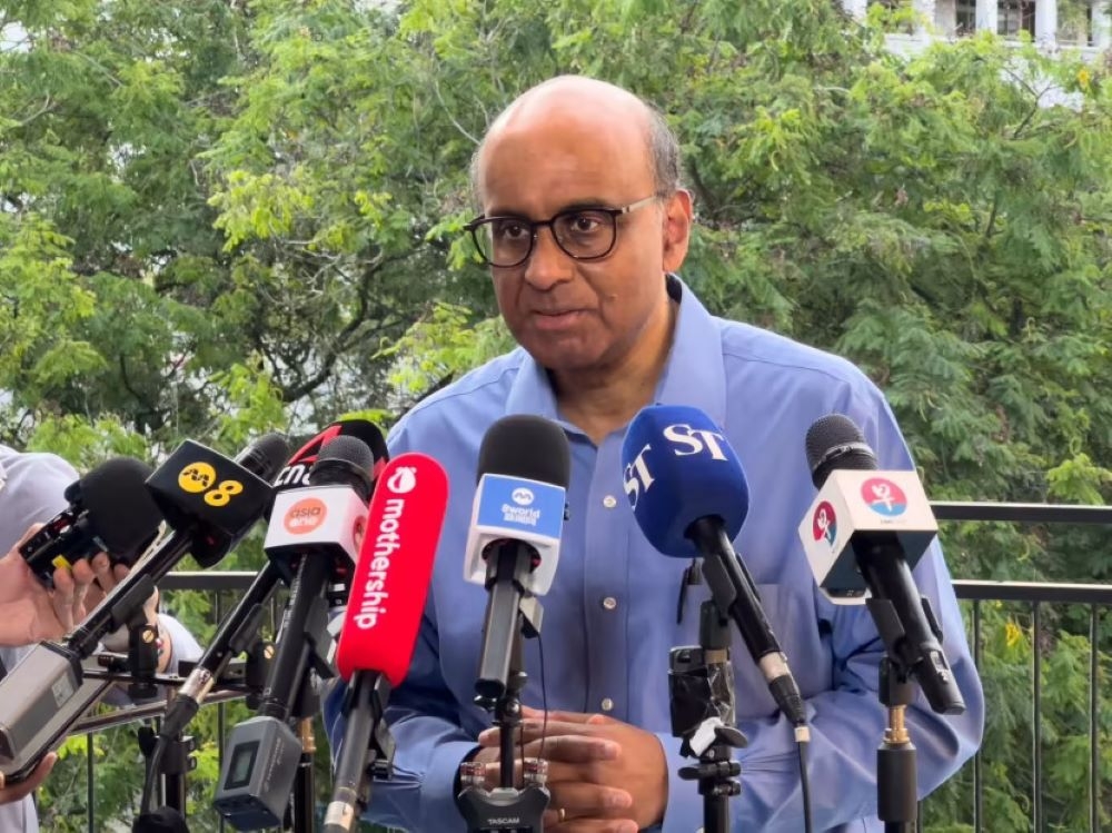 Senior Minister Tharman Shanmugaratnam speaking to the media at Taman Jurong Community Club on June 8, 2023 after he announced he was running for the Elected Presidency. ― TODAY pic