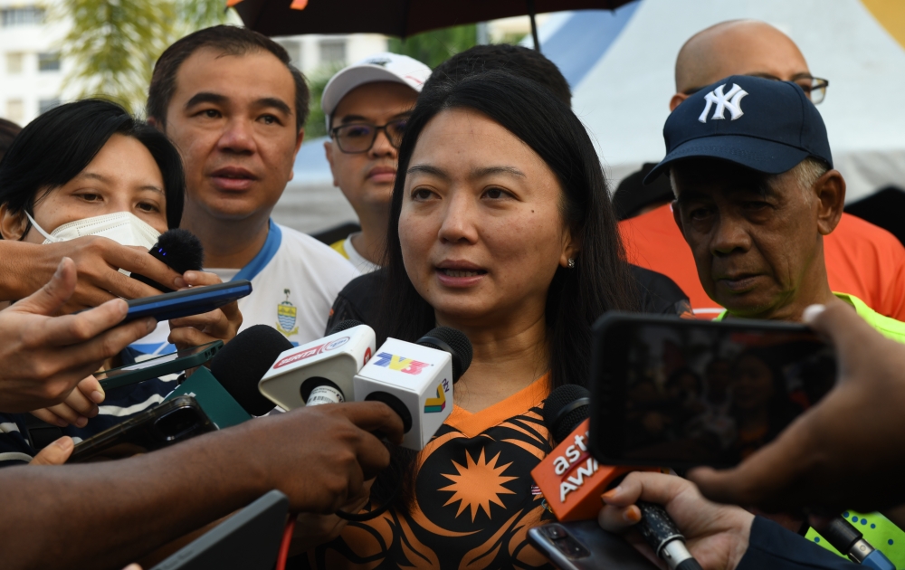 Youth and Sports Minister Hannah Yeoh speaks to reporters after officiating the Malaysia Aktif@Komuniti programme at PPR Taman Bagan Jaya in Butterworth June 10, 2023. — Bernama pic