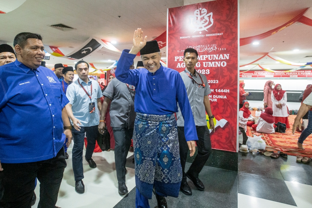 Umno president Datuk Seri Ahmad Zahid Hamidi at the party's 2023 general assembly at the World Trade Centre in Kuala Lumpur June 10, 2023. — Picture by Hari Anggara