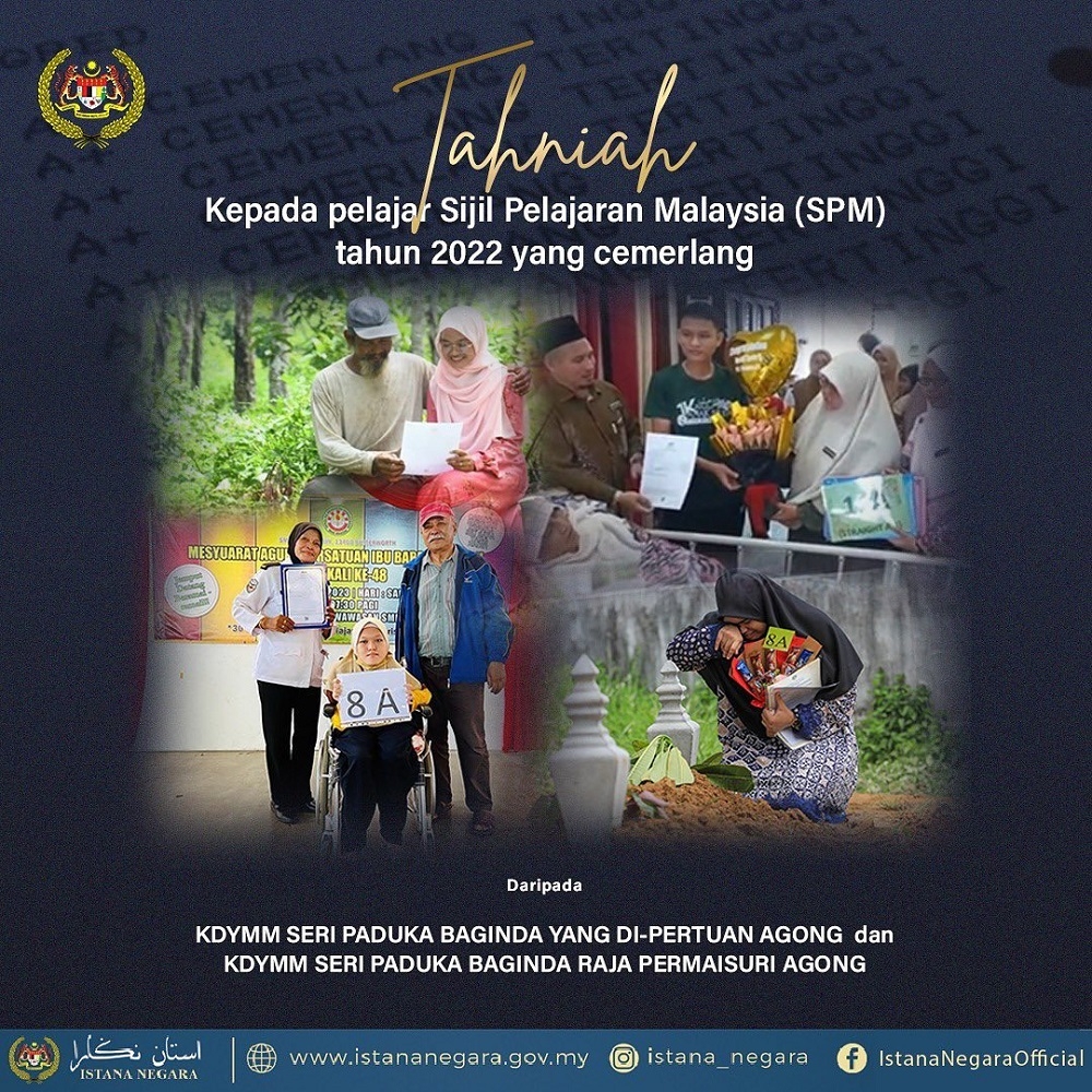 Yang di-Pertuan Agong Al-Sultan Abdullah Ri’ayatuddin Al-Mustafa Billah Shah and Raja Permaisuri Agong Tunku Azizah Aminah Maimunah Iskandariah expressed happiness and pride to parents and students from the disabled  and B40 groups who obtained excellent results in the 2022 SPM announced on Thursday. — Picture via Facebook/Istana Negara