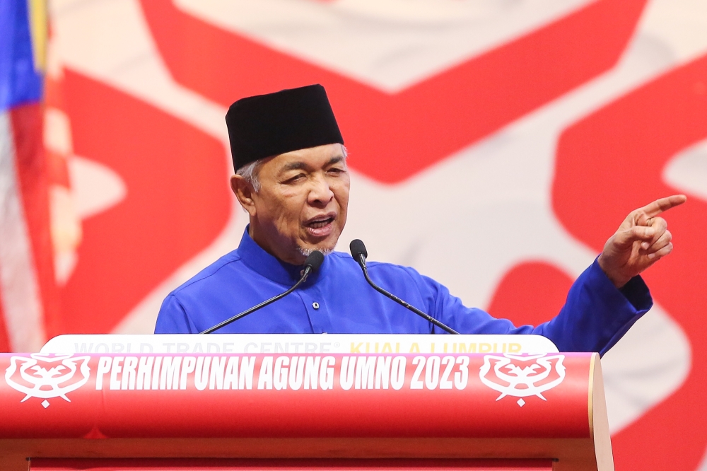 Umno president Datuk Seri Ahmad Zahid Hamidi at the party's 2023 general assembly at the World Trade Centre in Kuala Lumpur June 10, 2023. — Picture by Yusof Mat Isa