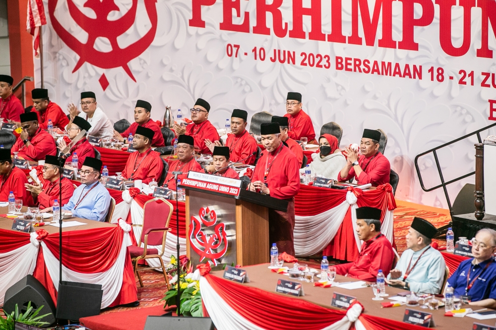 Umno president Datuk Seri Ahmad Zahid Hamidi speaks  during the party’s 2023 general assembly at the World Trade Centre in Kuala Lumpur June 9, 2023. — Picture by Hari Anggara