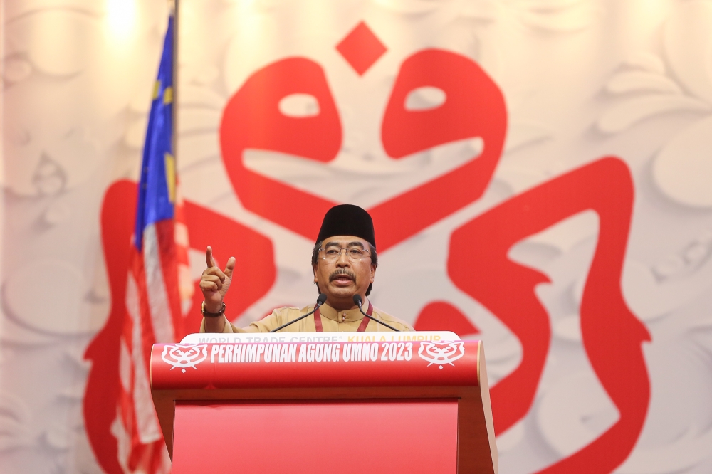 Umno vice-president Datuk Seri Johari Abdul Ghani speaks during the 2023 party’s general assembly at World Trade Centre in Kuala Lumpur June 10, 2023. — Picture by Yusof Mat Isa
