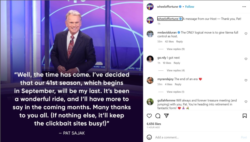 Pat Sajak said his 41st season at the long-running show, which begins in September, would be his last. — Screen capture via Instagram/Wheel of fortune