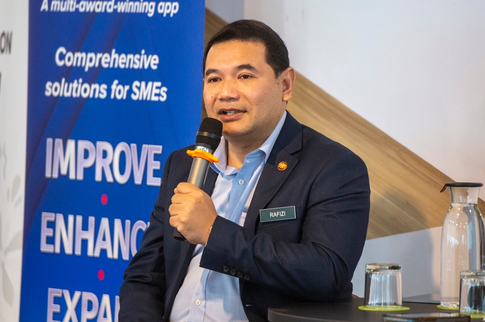 Economy Minister Rafizi Ramli delivers his speech during the Mavcap Ilham Talk at Ilham Tower, Kuala Lumpur June 13, 2023. — Picture by Shafwan Zaidon 