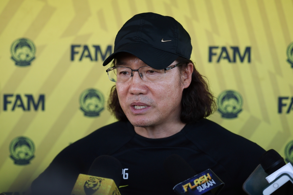 National team Head Coach Kim Pan Gon speaks during a press conference in Kuala Nerus June 16, 2023. — Bernama pic