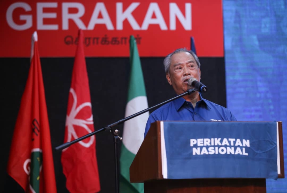 Tan Sri Muhyiddin Yassin speaks at the Perikatan Nasional convention in Penang June 17, 2023. — Picture by Opalyn Mok