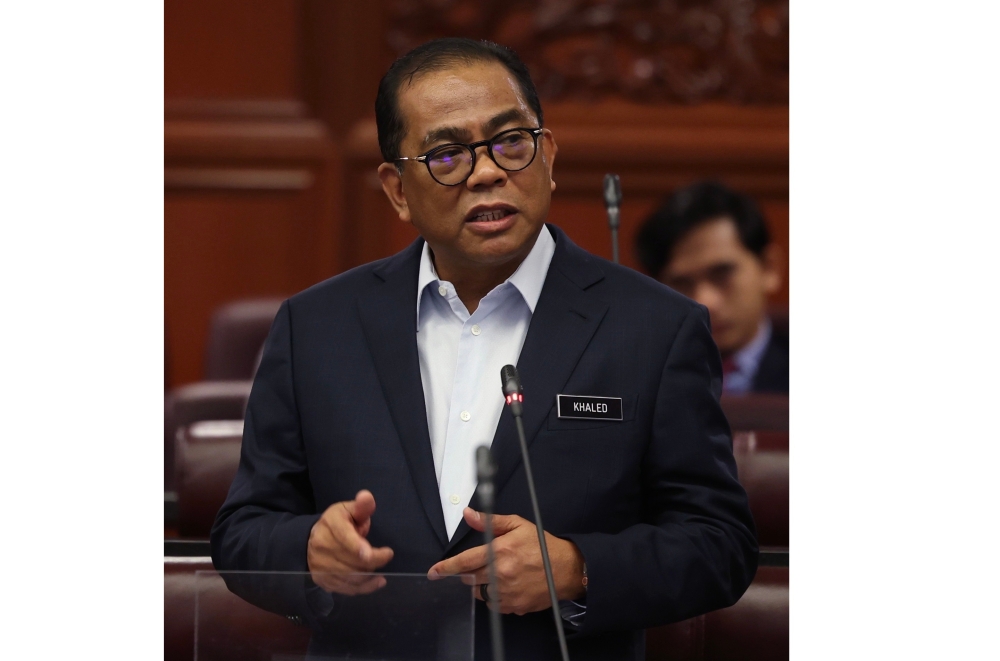 Higher Education Minister Datuk Seri Mohamed Khaled Nordin speaks at the Dewan Negara in Kuala Lumpur June 20, 2023. — Bernama pic
