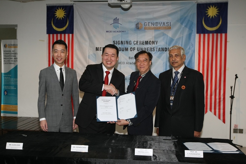 (From left) Elven Choo, Dr Stephen Choo, Professor Thomas Leong and Professor K. Puniamurthy are seen at the signing of the memorandum of agreement between Genovasi University College’s (Genovasi) School of Continuing Professional Education (SCOPE) and WCEI Academy. — Picture courtesy of Genovasi